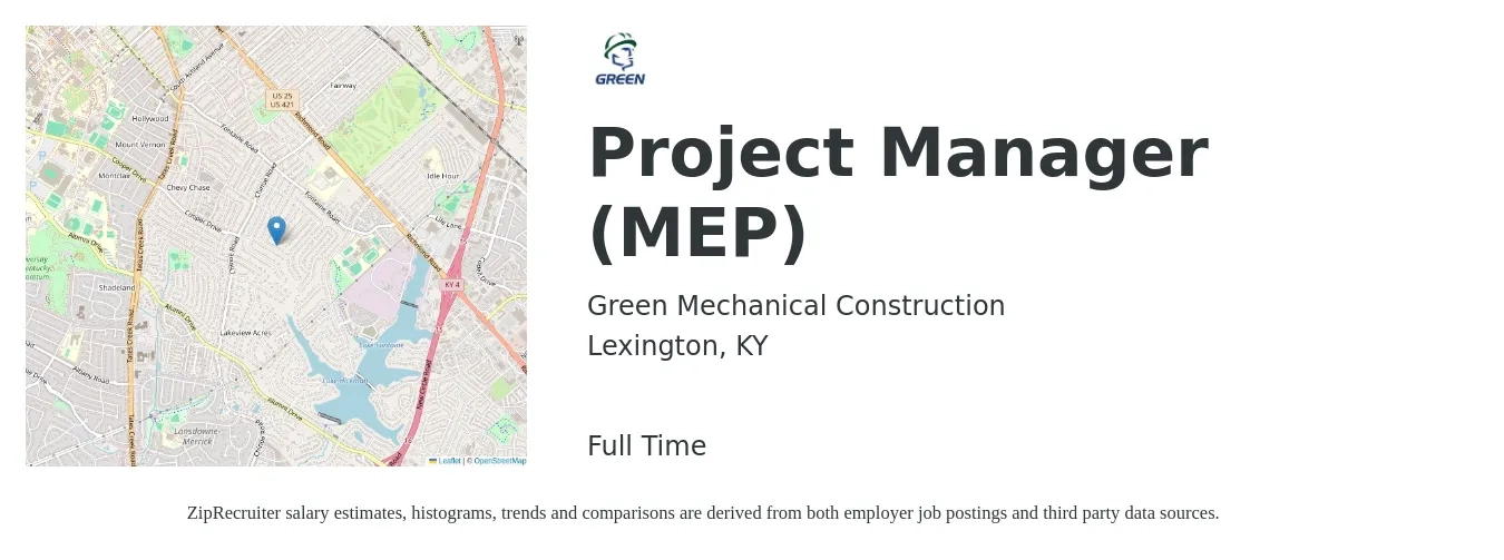 Green Mechanical Construction job posting for a Project Manager (MEP) in Lexington, KY with a salary of $77,700 to $105,200 Yearly with a map of Lexington location.