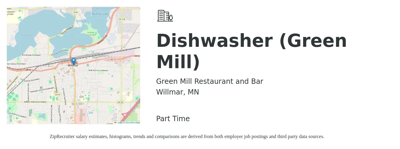 Green Mill Restaurant and Bar job posting for a Dishwasher (Green Mill) in Willmar, MN with a salary of $13 to $16 Hourly with a map of Willmar location.