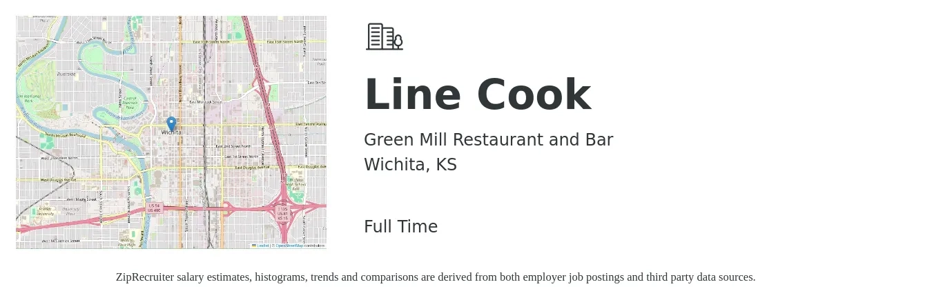 Green Mill Restaurant and Bar job posting for a Line Cook in Wichita, KS with a salary of $14 to $18 Hourly with a map of Wichita location.