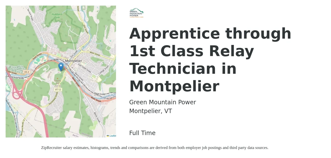Green Mountain Power job posting for a Apprentice through 1st Class Relay Technician in Montpelier in Montpelier, VT with a salary of $83,400 to $108,200 Yearly with a map of Montpelier location.