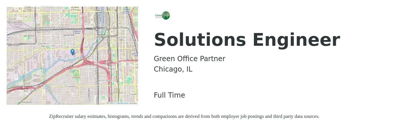 Green Office Partner job posting for a Solutions Engineer in Chicago, IL with a salary of $104,600 to $144,700 Yearly with a map of Chicago location.