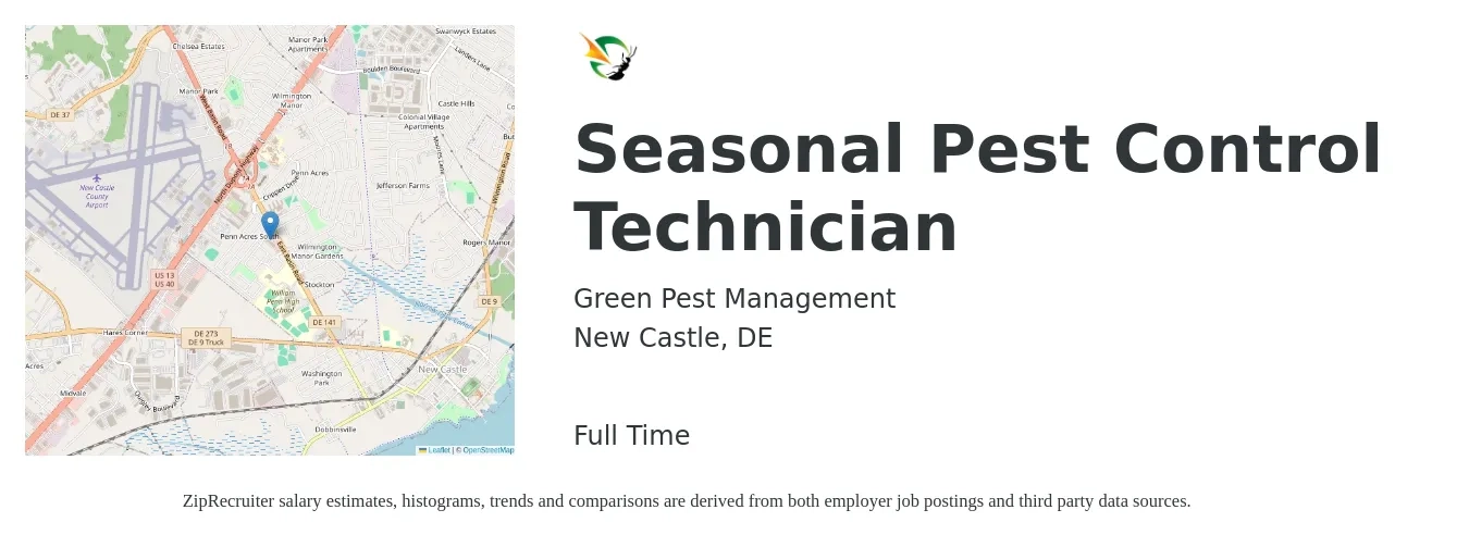 Green Pest Management job posting for a Seasonal Pest Control Technician in New Castle, DE with a salary of $3,500 to $4,500 Monthly with a map of New Castle location.