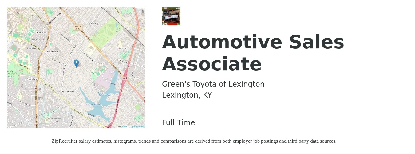Green's Toyota of Lexington job posting for a Automotive Sales Associate in Lexington, KY with a salary of $16 to $26 Hourly with a map of Lexington location.