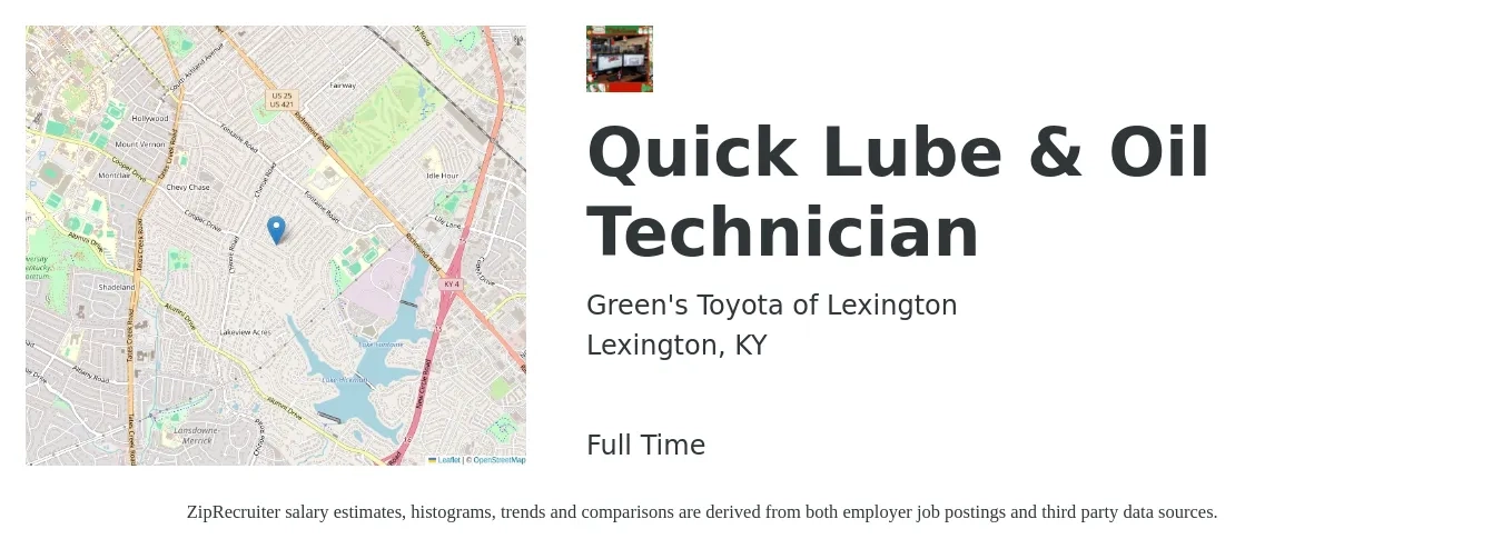 Green's Toyota of Lexington job posting for a Quick Lube & Oil Technician in Lexington, KY with a salary of $14 to $19 Hourly with a map of Lexington location.