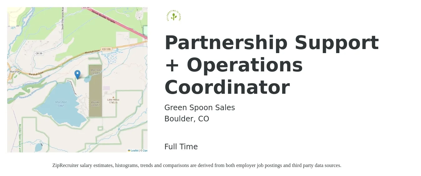 Green Spoon Sales job posting for a Partnership Support + Operations Coordinator in Boulder, CO with a salary of $19 to $26 Hourly with a map of Boulder location.