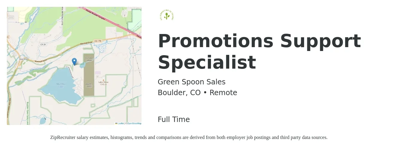 Green Spoon Sales job posting for a Promotions Support Specialist in Boulder, CO with a salary of $23 to $31 Hourly with a map of Boulder location.