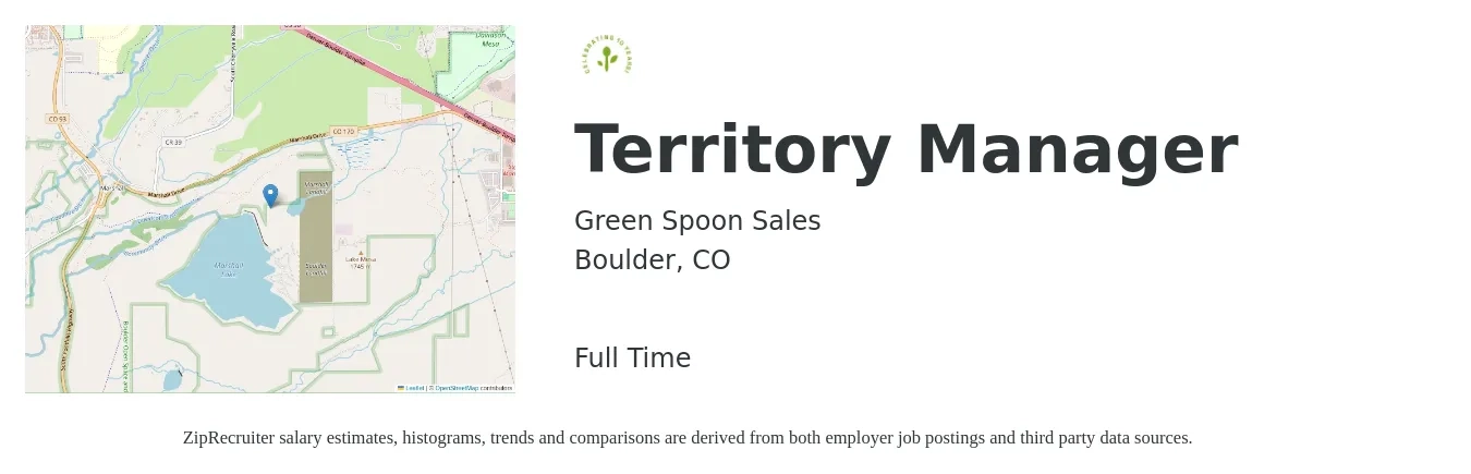 Green Spoon Sales job posting for a Territory Manager in Boulder, CO with a salary of $77,800 to $115,600 Yearly with a map of Boulder location.