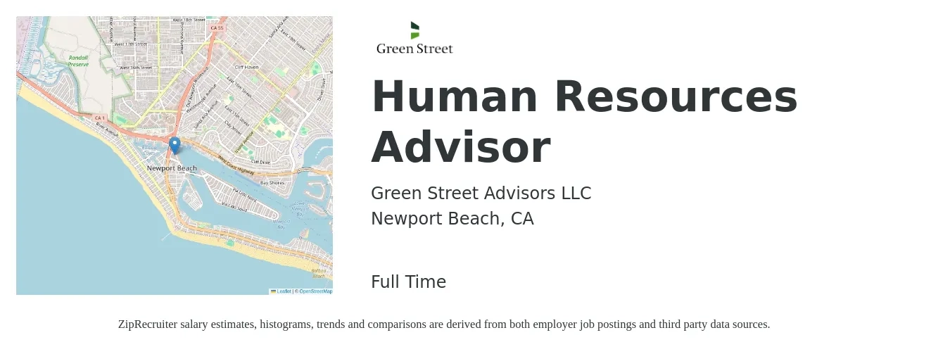 Green Street Advisors LLC job posting for a Human Resources Advisor in Newport Beach, CA with a salary of $58,000 to $114,500 Yearly with a map of Newport Beach location.