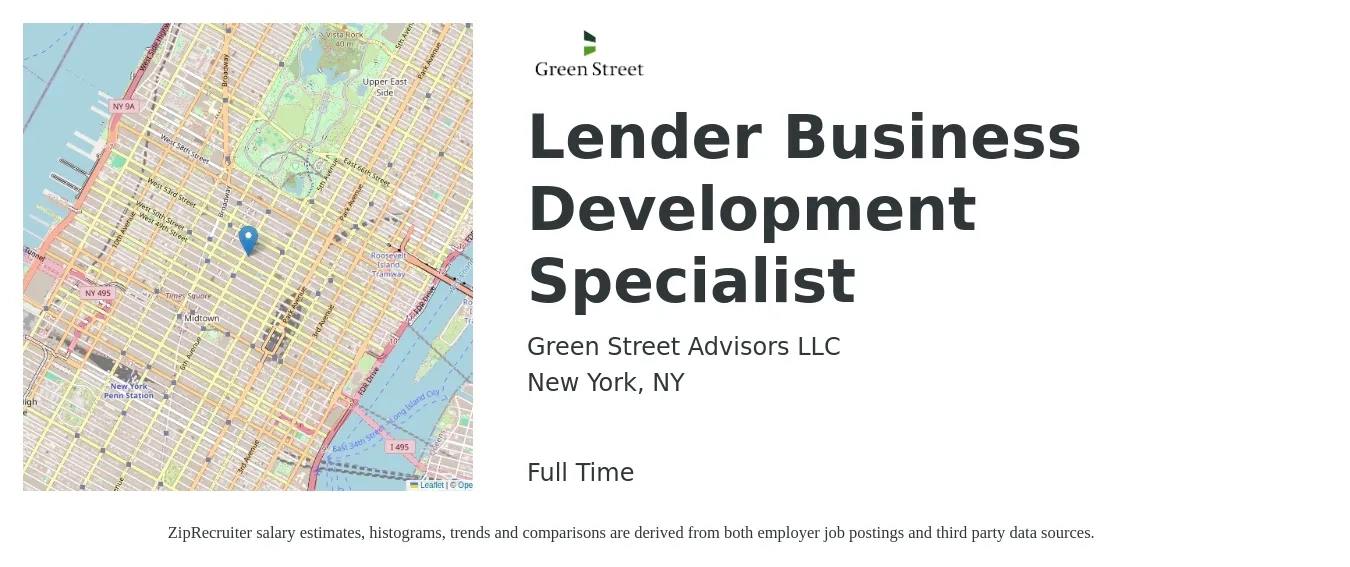 Green Street Advisors LLC job posting for a Lender Business Development Specialist in New York, NY with a salary of $51,700 to $86,400 Yearly with a map of New York location.