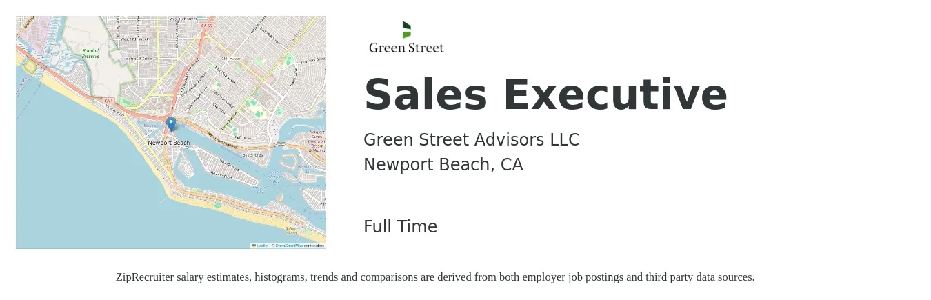 Green Street Advisors LLC job posting for a Sales Executive in Newport Beach, CA with a salary of $61,300 to $105,300 Yearly with a map of Newport Beach location.