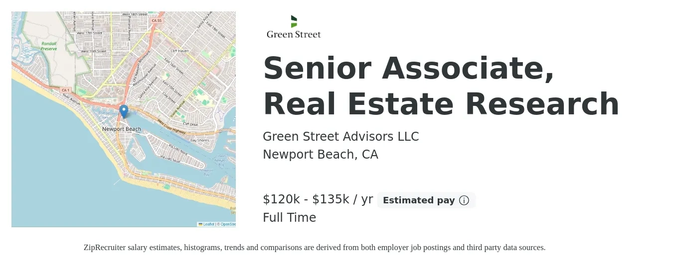 Green Street Advisors LLC job posting for a Senior Associate, Real Estate Research in Newport Beach, CA with a salary of $42 to $56 Hourly with a map of Newport Beach location.