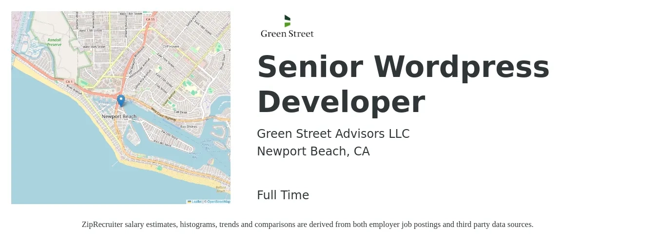Green Street Advisors LLC job posting for a Senior WordPress Developer in Newport Beach, CA with a salary of $58 to $78 Hourly with a map of Newport Beach location.