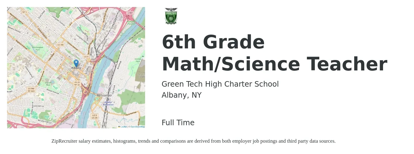 Green Tech High Charter School job posting for a 6th Grade Math/Science Teacher in Albany, NY with a salary of $46,700 to $61,100 Yearly with a map of Albany location.