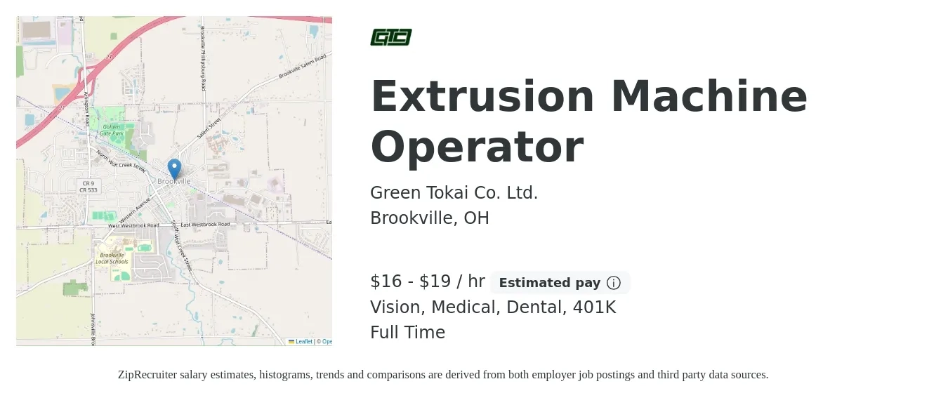 Green Tokai Co. Ltd. job posting for a Extrusion Machine Operator in Brookville, OH with a salary of $18 to $20 Hourly and benefits including 401k, dental, life_insurance, medical, and vision with a map of Brookville location.