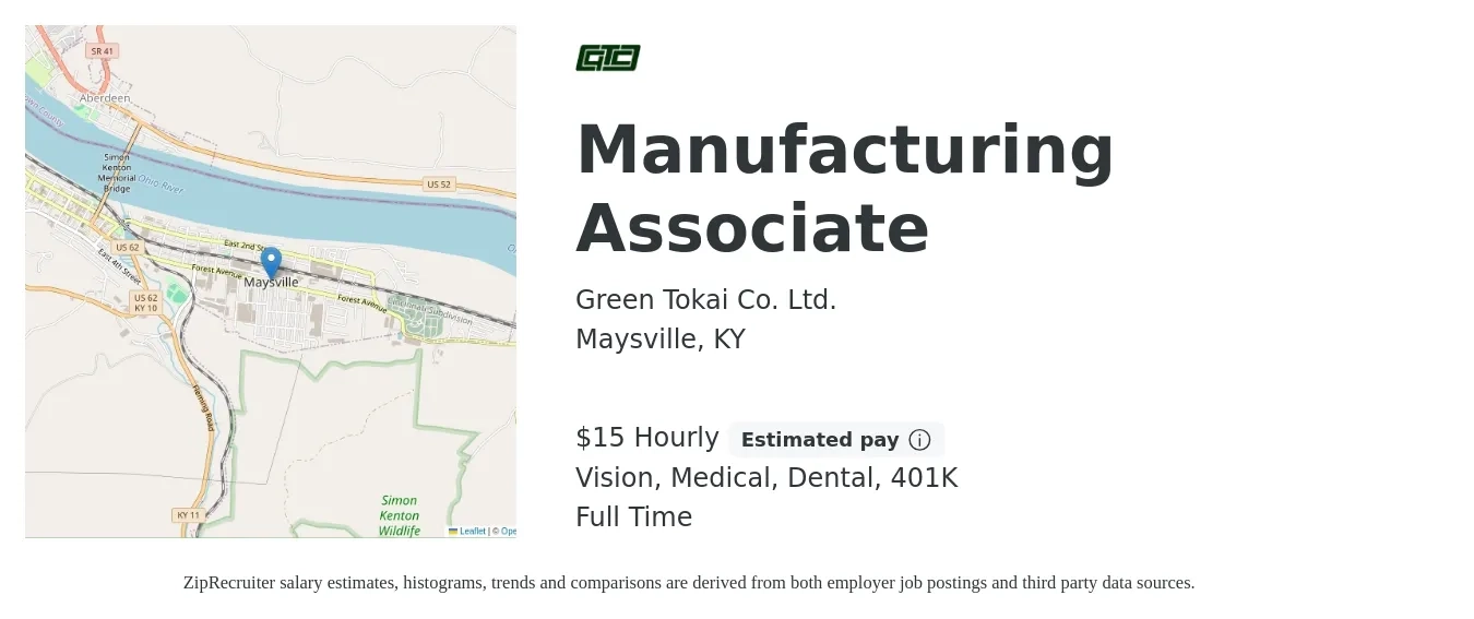 Green Tokai Co. Ltd. job posting for a Manufacturing Associate in Maysville, KY with a salary of $16 Hourly and benefits including vision, 401k, dental, life_insurance, and medical with a map of Maysville location.