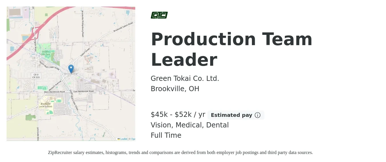 Green Tokai Co. Ltd. job posting for a Production Team Leader in Brookville, OH with a salary of $45,000 to $52,000 Yearly and benefits including life_insurance, medical, pto, vision, and dental with a map of Brookville location.