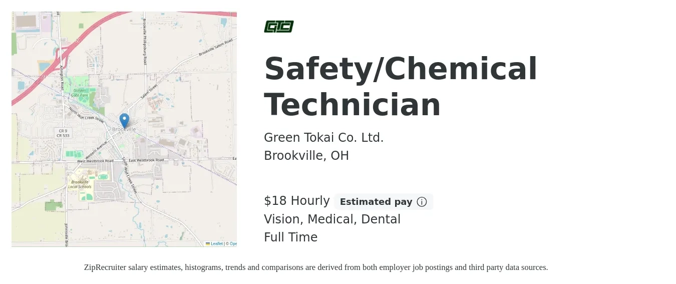 Green Tokai Co. Ltd. job posting for a Safety/Chemical Technician in Brookville, OH with a salary of $19 Hourly and benefits including vision, dental, life_insurance, medical, and pto with a map of Brookville location.