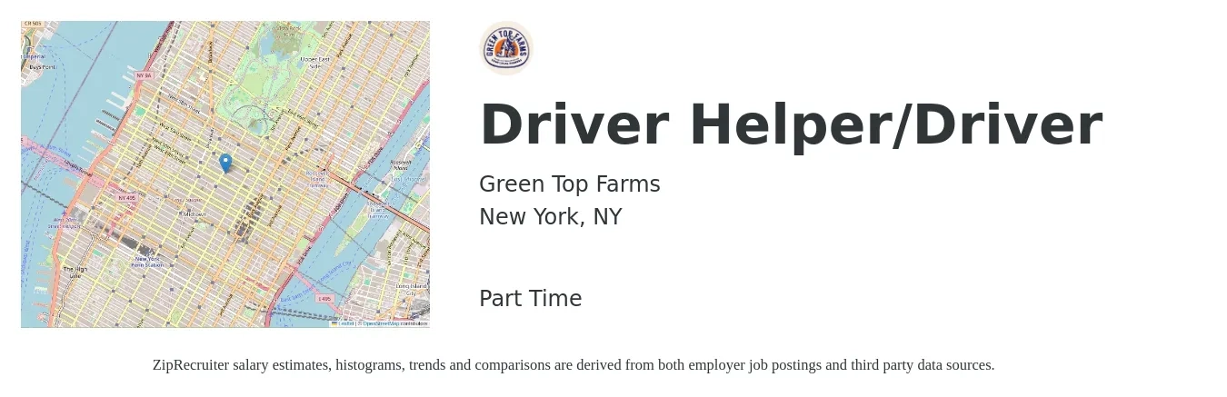 Green Top Farms job posting for a Driver Helper/Driver in New York, NY with a salary of $20 Hourly with a map of New York location.