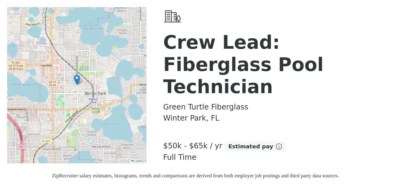 Green Turtle Fiberglass job posting for a Crew Lead: Fiberglass Pool Technician in Winter Park, FL with a salary of $50,000 to $65,000 Yearly with a map of Winter Park location.