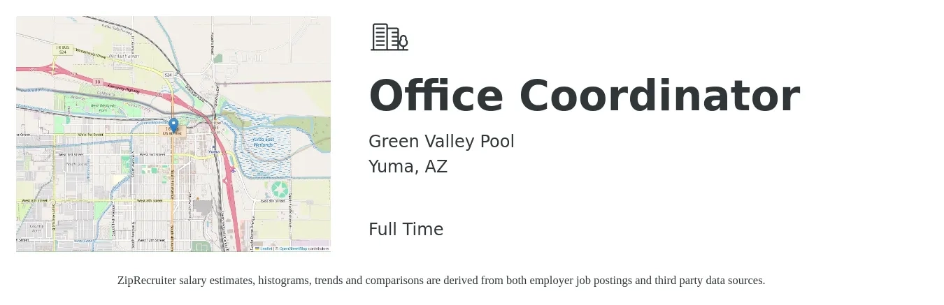 Green Valley Pool job posting for a Office Coordinator in Yuma, AZ with a salary of $18 to $24 Hourly with a map of Yuma location.