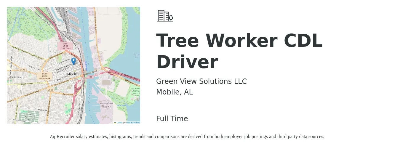 Green View Solutions LLC job posting for a Tree Worker CDL Driver in Mobile, AL with a salary of $190 to $215 Daily with a map of Mobile location.