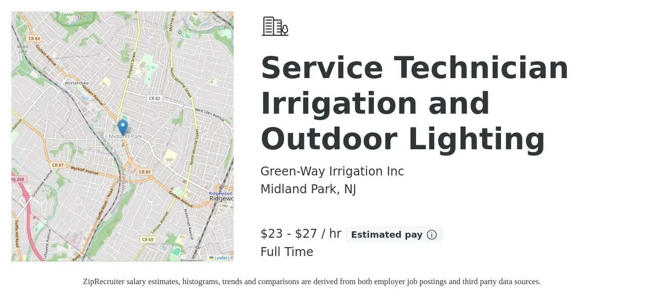 Green-Way Irrigation Inc job posting for a Service Technician Irrigation and Outdoor Lighting in Midland Park, NJ with a salary of $24 to $29 Hourly with a map of Midland Park location.