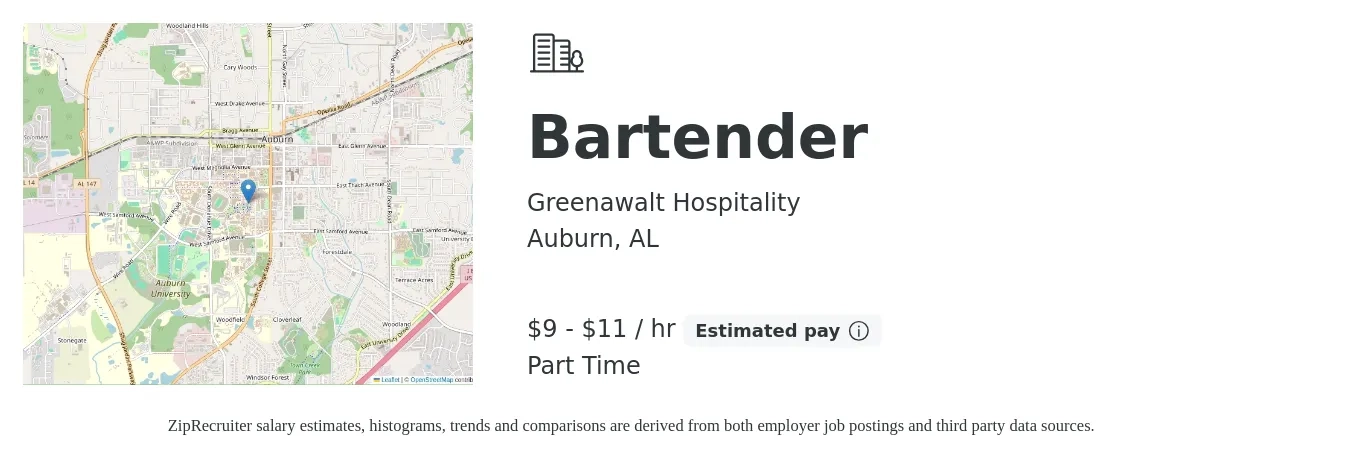 Greenawalt Hospitality job posting for a Bartender in Auburn, AL with a salary of $10 to $12 Hourly with a map of Auburn location.