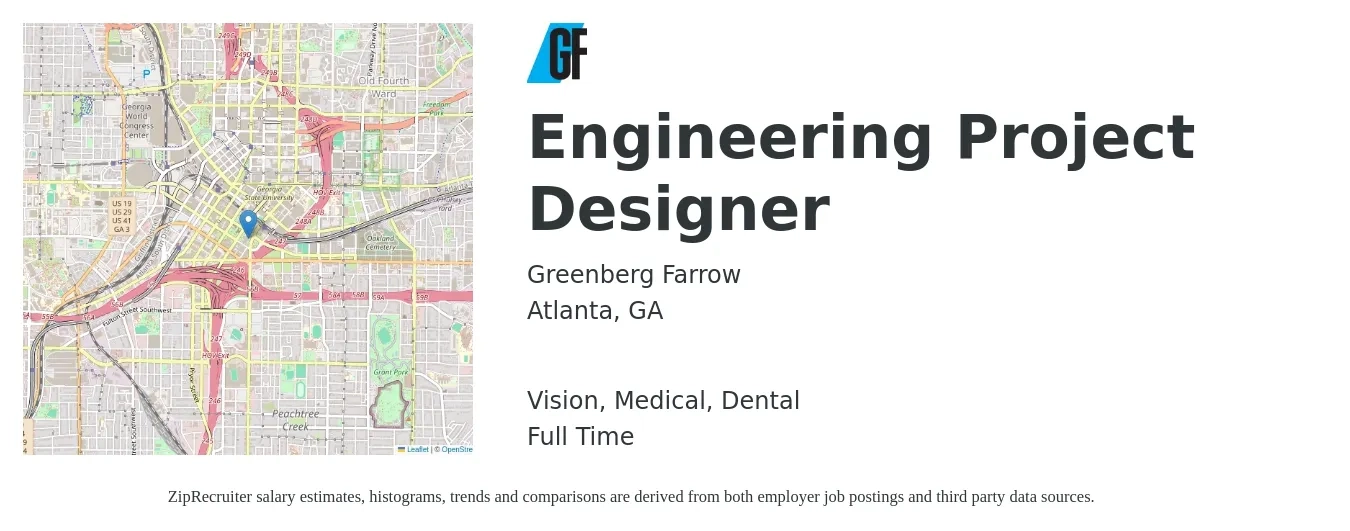 Greenberg Farrow job posting for a Engineering Project Designer in Atlanta, GA with a salary of $58,300 to $87,200 Yearly and benefits including dental, life_insurance, medical, retirement, and vision with a map of Atlanta location.