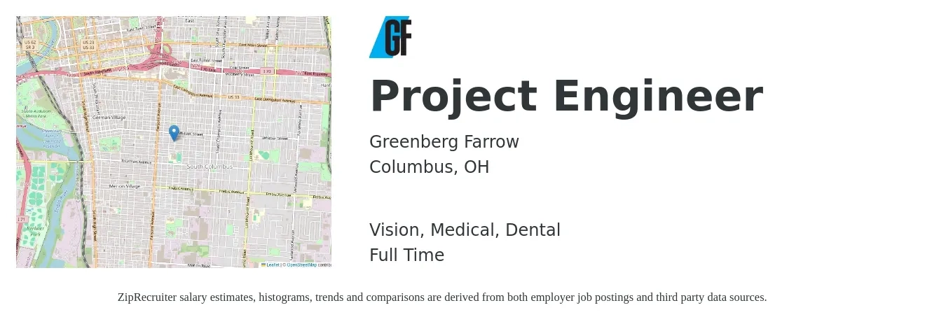 Greenberg Farrow job posting for a Project Engineer in Columbus, OH with a salary of $71,500 to $100,000 Yearly and benefits including vision, dental, life_insurance, medical, and retirement with a map of Columbus location.