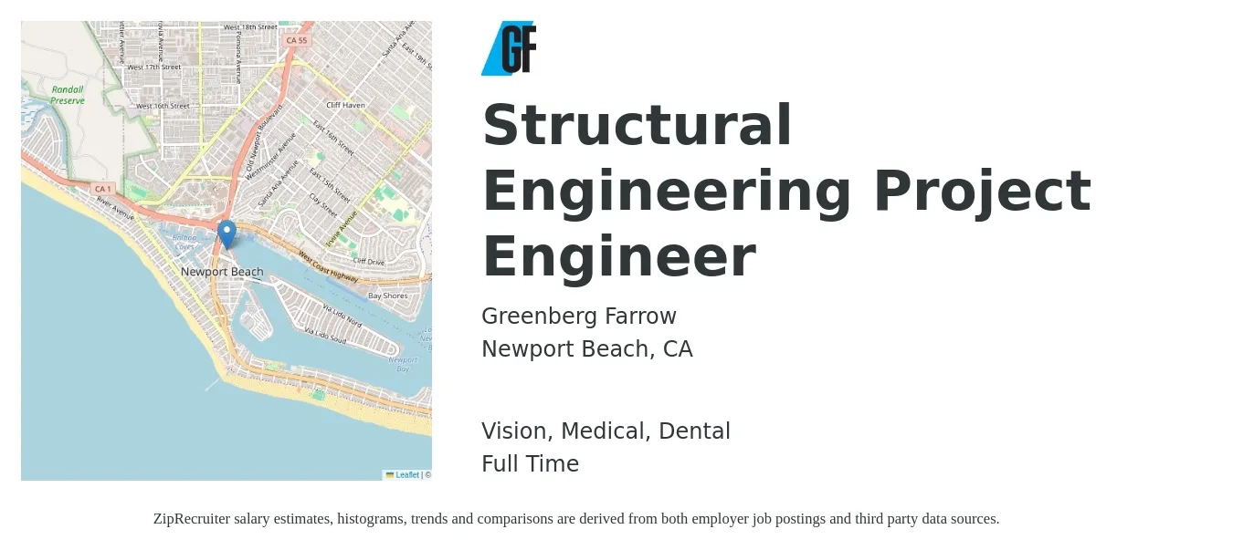 Greenberg Farrow job posting for a Structural Engineering Project Engineer in Newport Beach, CA with a salary of $86,000 to $115,000 Yearly and benefits including medical, retirement, vision, dental, and life_insurance with a map of Newport Beach location.