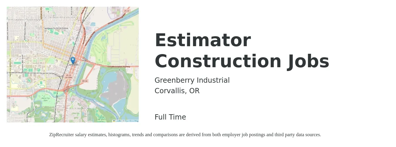 Greenberry Industrial job posting for a Estimator Construction Jobs in Corvallis, OR with a salary of $64,200 to $102,600 Yearly with a map of Corvallis location.