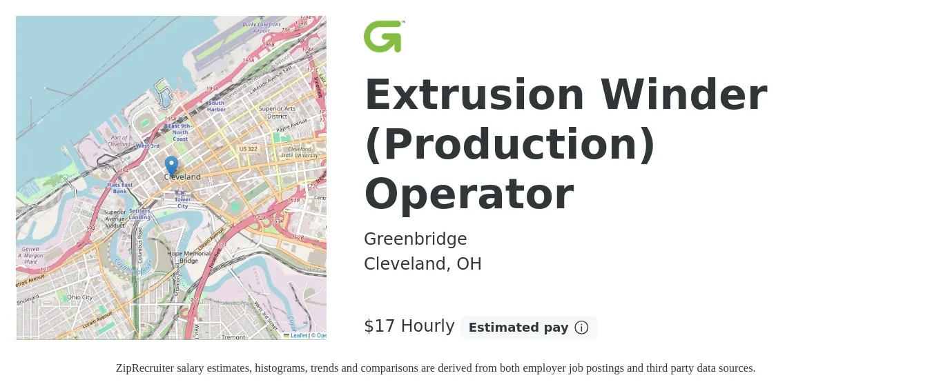 Greenbridge job posting for a Extrusion Winder (Production) Operator in Cleveland, OH with a salary of $18 Hourly with a map of Cleveland location.