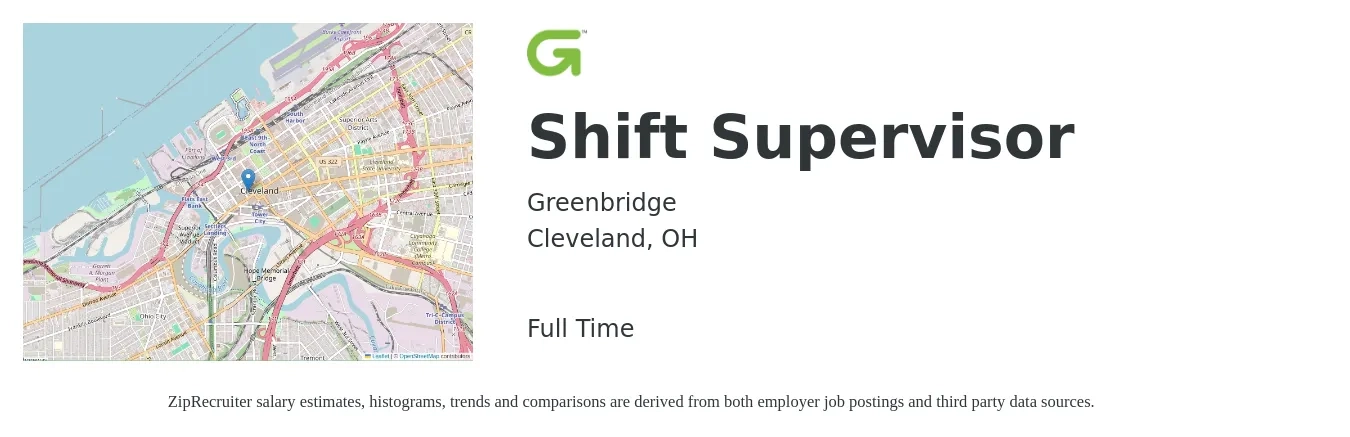 Greenbridge job posting for a Shift Supervisor in Cleveland, OH with a salary of $15 to $19 Hourly with a map of Cleveland location.