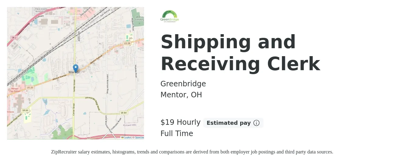 Greenbridge job posting for a Shipping and Receiving Clerk in Mentor, OH with a salary of $15 to $18 Hourly with a map of Mentor location.
