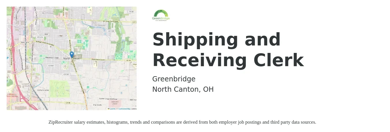 Greenbridge job posting for a Shipping and Receiving Clerk in North Canton, OH with a salary of $15 to $18 Hourly with a map of North Canton location.