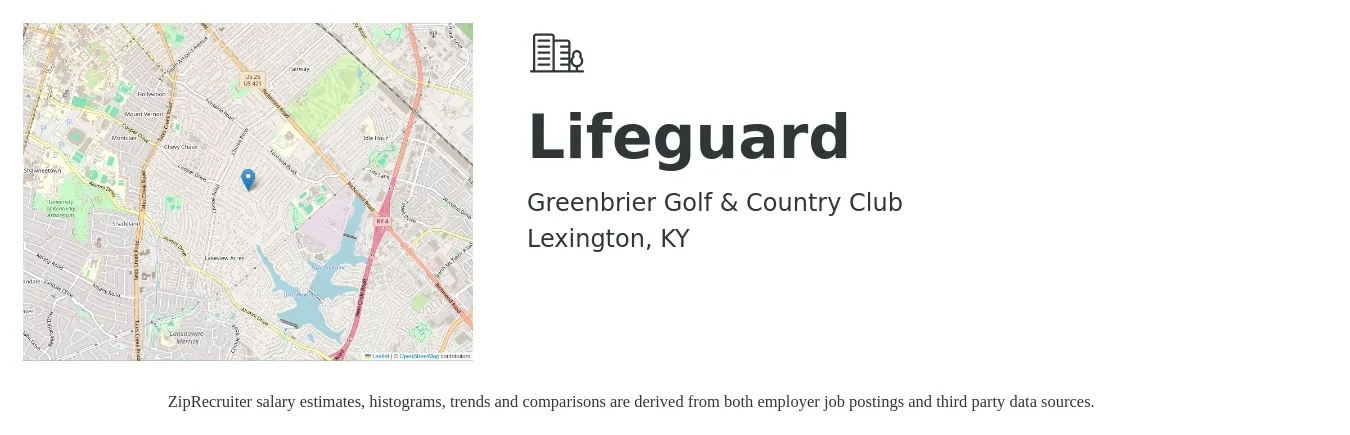 Greenbrier Golf & Country Club job posting for a Lifeguard in Lexington, KY with a salary of $12 to $16 Hourly with a map of Lexington location.