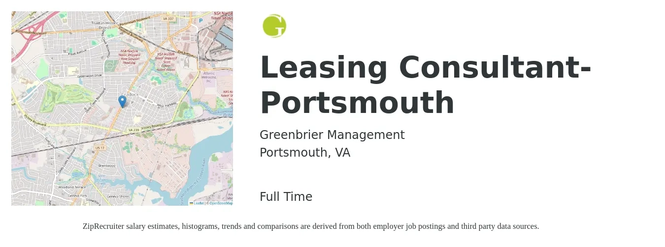 Greenbrier Management job posting for a Leasing Consultant-Portsmouth in Portsmouth, VA with a salary of $16 to $19 Hourly with a map of Portsmouth location.
