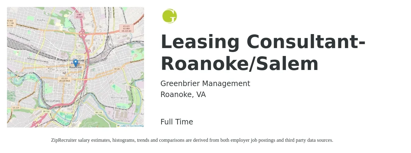 Greenbrier Management job posting for a Leasing Consultant-Roanoke/Salem in Roanoke, VA with a salary of $16 to $19 Hourly with a map of Roanoke location.