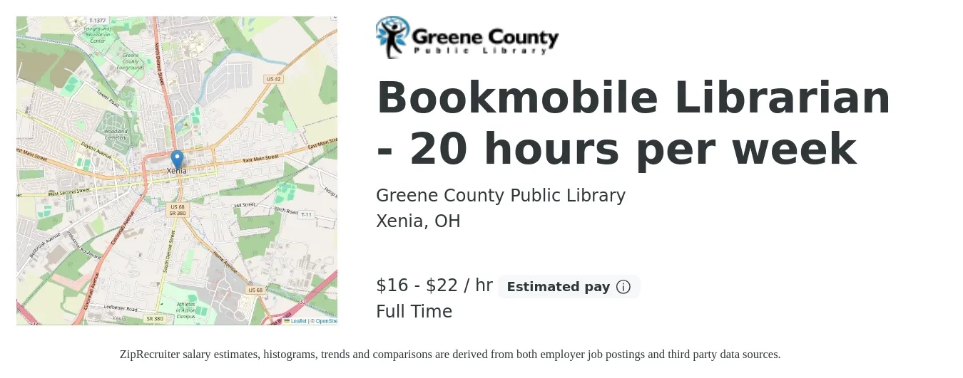 Greene County Public Library job posting for a Bookmobile Librarian - 20 hours per week in Xenia, OH with a salary of $18 to $23 Hourly with a map of Xenia location.