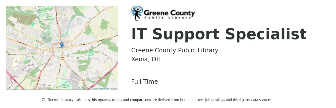 Greene County Public Library job posting for a IT Support Specialist in Xenia, OH with a salary of $20 Hourly with a map of Xenia location.