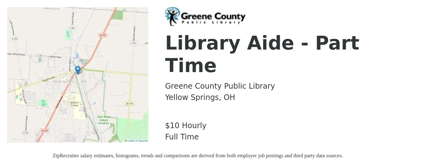 Greene County Public Library job posting for a Library Aide - Part Time in Yellow Springs, OH with a salary of $11 Hourly with a map of Yellow Springs location.