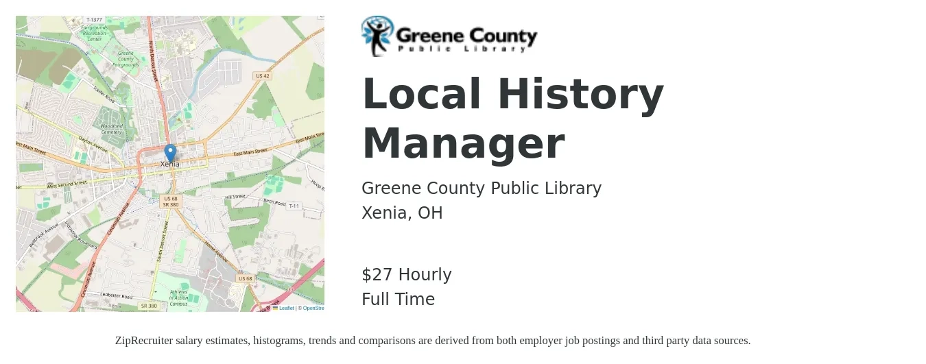Greene County Public Library job posting for a Local History Manager in Xenia, OH with a salary of $29 Hourly with a map of Xenia location.