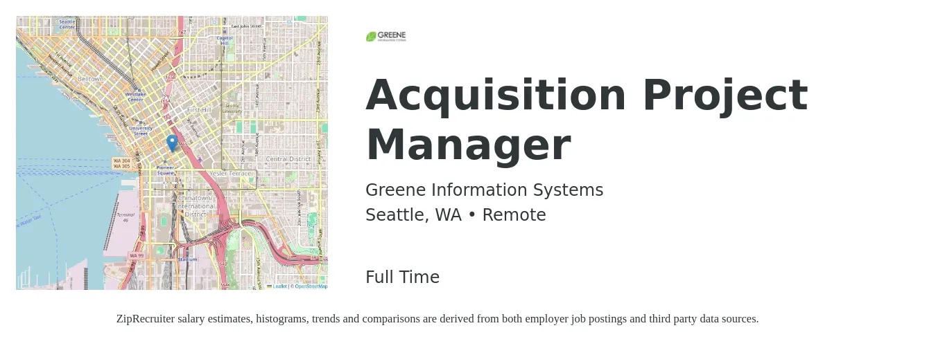 Greene Information Systems job posting for a Acquisition Project Manager in Seattle, WA with a salary of $70,000 to $100,000 Yearly with a map of Seattle location.