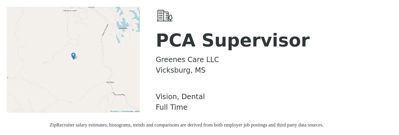 Greenes Care LLC job posting for a PCA Supervisor in Vicksburg, MS with a salary of $12 to $16 Hourly and benefits including vision, dental, and life_insurance with a map of Vicksburg location.