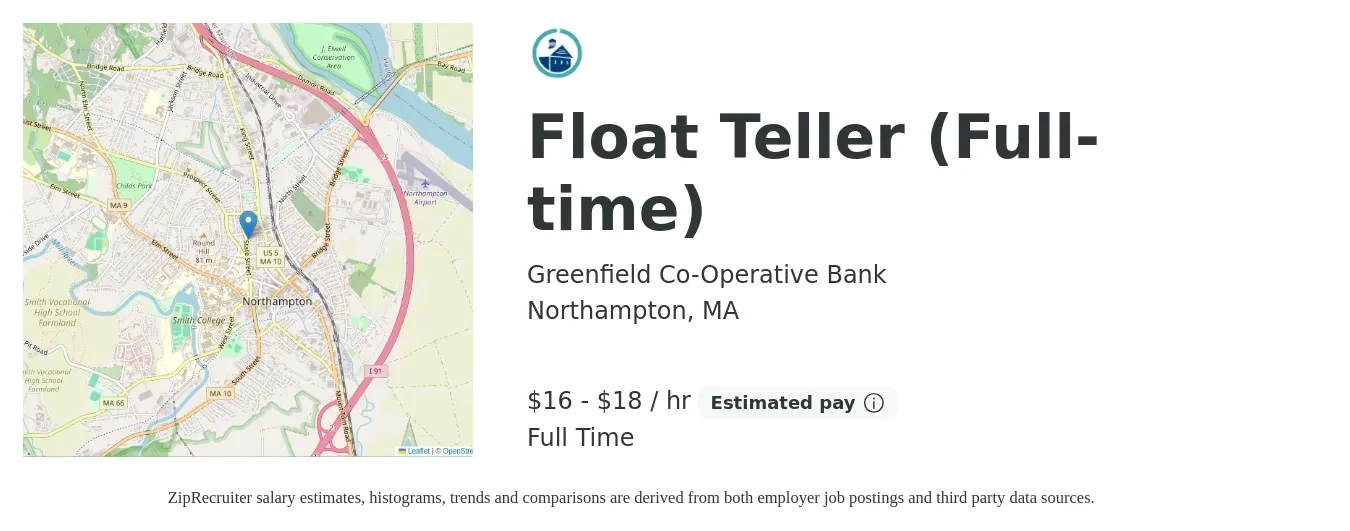 Greenfield Co-Operative Bank job posting for a Float Teller (Full-time) in Northampton, MA with a salary of $17 to $19 Hourly with a map of Northampton location.