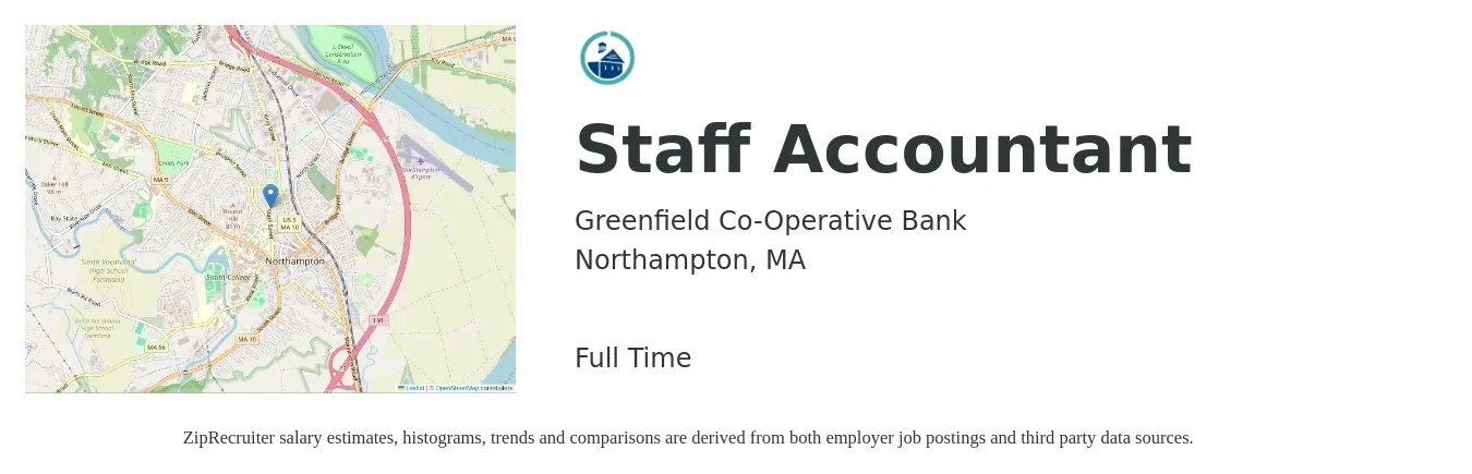 Greenfield Co-Operative Bank job posting for a Staff Accountant in Northampton, MA with a salary of $55,000 to $65,000 Yearly with a map of Northampton location.