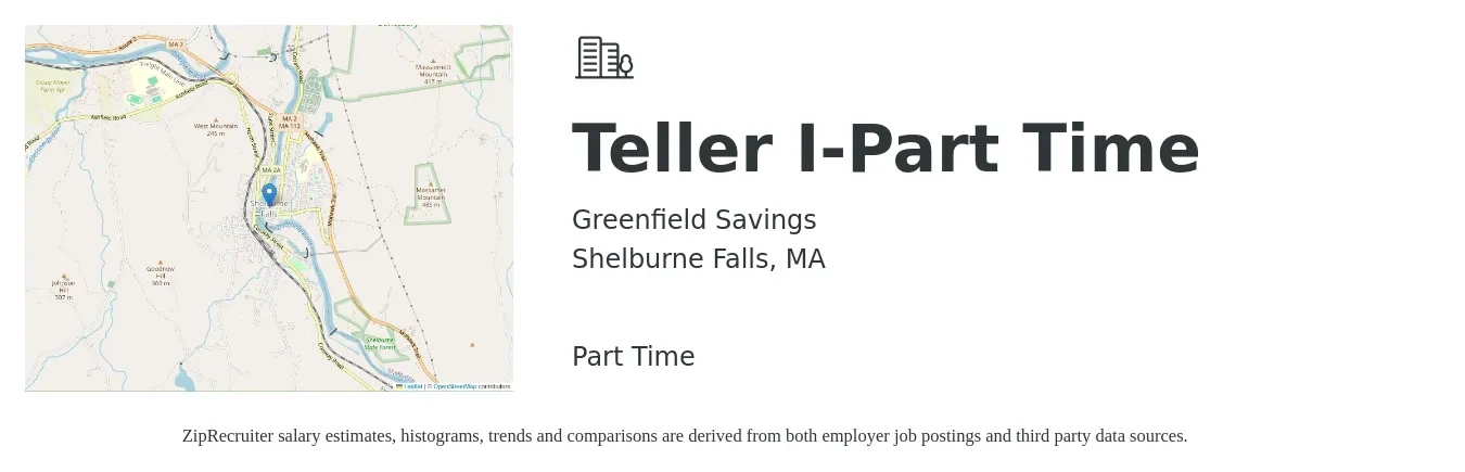 Greenfield Savings job posting for a Teller I-Part Time in Shelburne Falls, MA with a salary of $15 to $19 Hourly with a map of Shelburne Falls location.