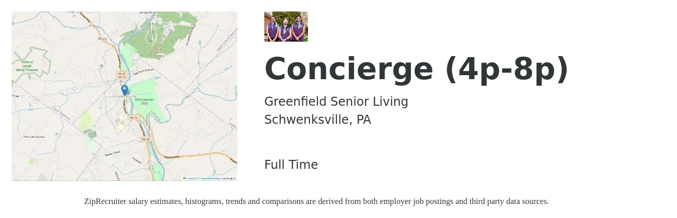 Greenfield Senior Living job posting for a Concierge (4p-8p) in Schwenksville, PA with a salary of $15 to $20 Hourly with a map of Schwenksville location.
