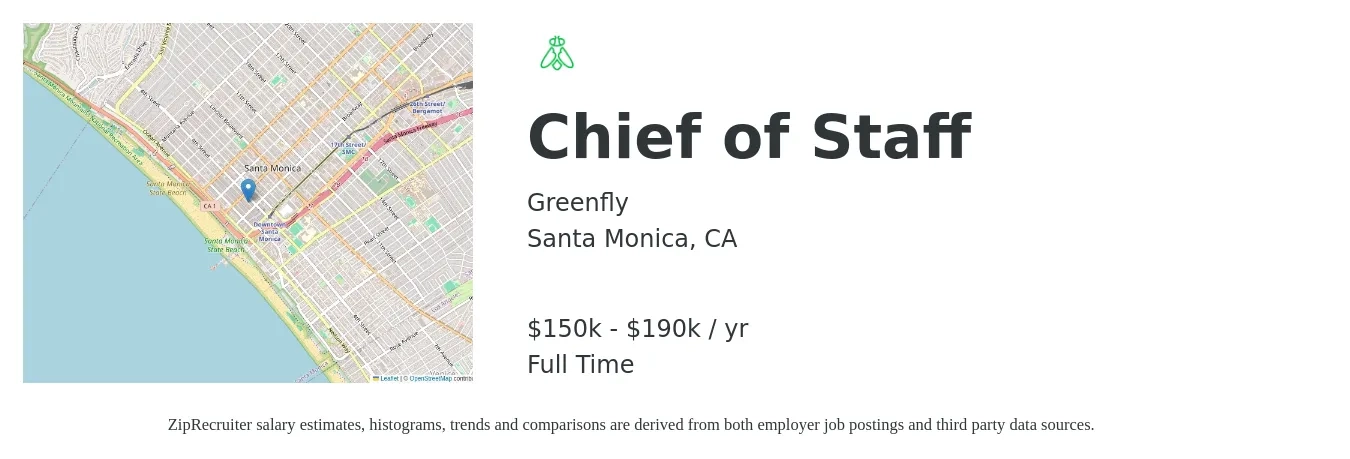Greenfly job posting for a Chief of Staff in Santa Monica, CA with a salary of $150,000 to $190,000 Yearly with a map of Santa Monica location.