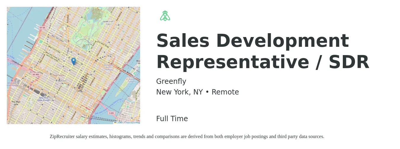 Greenfly job posting for a Sales Development Representative / SDR in New York, NY with a salary of $60,000 to $67,000 Yearly with a map of New York location.